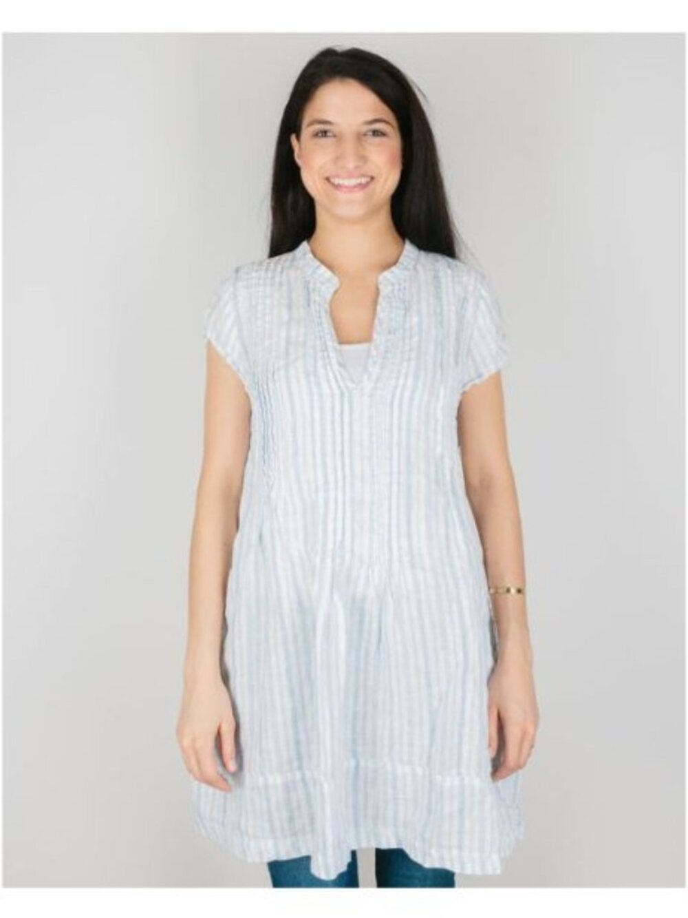 CP Shades Women M Linen Tunic Top Regina White Blue Stripe Nautical Breathable